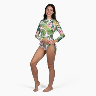 Women's Ruched Sides Long Sleeve Swimsuit Set, UPF 50 - Vintage Tropical Floral long sleeve swimsuits Berry Jane™