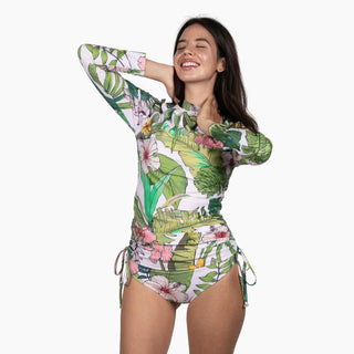 Women's Ruched Sides Long Sleeve Swimsuit Set, UPF 50 - Vintage Tropical Floral long sleeve swimsuits Berry Jane™