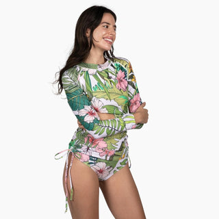 Women's Ruched Sides Long Sleeve Swimsuit Set, UPF 50 - Vintage Tropical Floral long sleeve swimsuits Berry Jane™