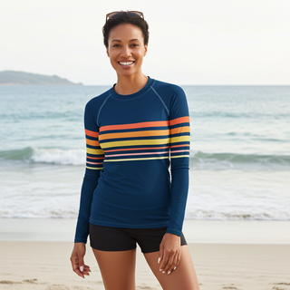 Women's Swim Shirt Rash Guard, UPF 50+ 70s Vintage Stripe, Blue Rash Guards & Swim Shirts Berry Jane™