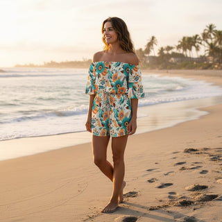 Women's Off-Shoulder Shorts Romper, Mexican Floral Rompers Berry Jane
