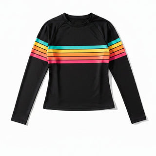 Women's Black UPF50 Rash Guard Built-In Bralette - 70s Vintage Stripe Rash Guards & Swim Shirts Berry Jane™