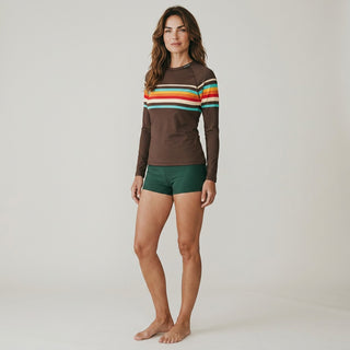 Women's UPF Rash Guard Built-In Bralette - 70s Vintage Brown Stripe