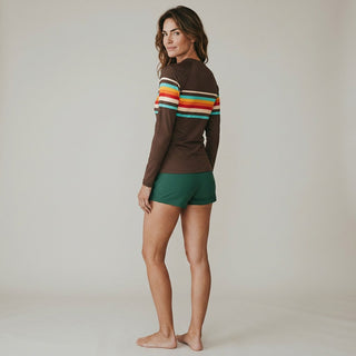 Women's UPF Rash Guard Built-In Bralette - 70s Vintage Brown Stripe