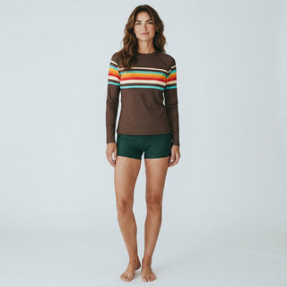 Women's UPF Rash Guard Built-In Bralette - 70s Vintage Brown Stripe