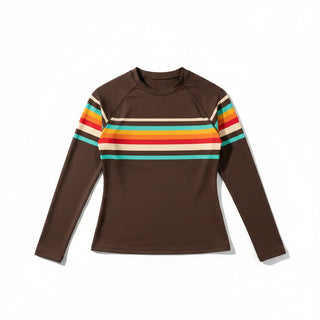 Women's UPF Rash Guard Built-In Bralette - 70s Vintage Brown Stripe