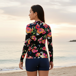 Women's Long Sleeve Rose Garden Black UPF 50 Rash Guard Rash Guards & Swim Shirts Berry Jane™