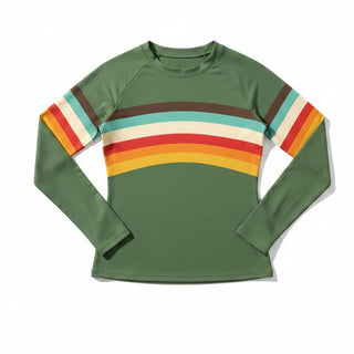 Women's UPF Rash Guard Built-In Bralette - 70s Vintage Green Stripe Rash Guards & Swim Shirts Berry Jane™