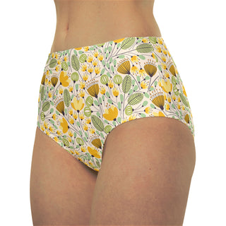 Women's High-Waist Bikini Bottoms, 60s Mod Floral Yellow Swimsuit Bottoms Berry Jane