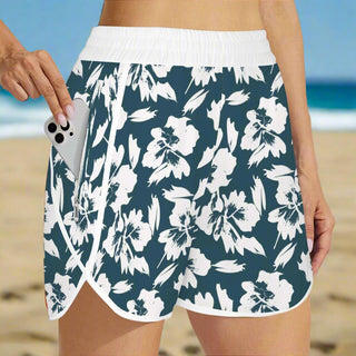 Berry Jane Swim women's blue Hawaiian floral boardshorts, pockets