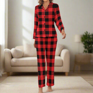 Women's Christmas Buffalo Check Pajama Set, Red Pajama Sets Berry Jane