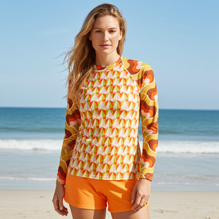 Women's UPF 50+ Rash Guard, 60s 70s Mod Print - Sun Protection Swimwear Rash Guards & Swim Shirts Berry Jane™