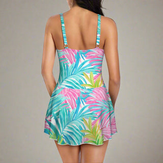 Women's One-Piece Swim Dress, Wrap Skirt - Los Cabos Tropical Floral Swimwear Berry Jane