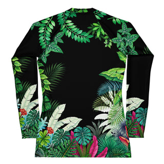Women's UPF Rash Guard - Black with Tropical Jungle Print