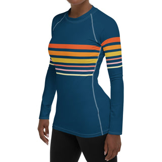 Women's Swim Shirt Rash Guard, UPF 50+ 70s Vintage Stripe, Blue Rash Guards & Swim Shirts Berry Jane™