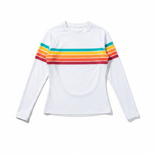 Women's White UPF Rash Guard Built-In Bralette - 70s Vintage Stripe Rash Guards & Swim Shirts Berry Jane™