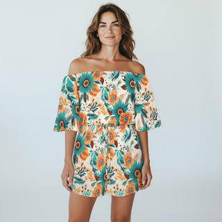 Women's Off-Shoulder Shorts Romper, Mexican Floral Rompers Berry Jane