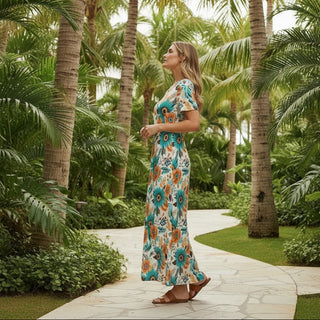 Mexican Watercolor Floral Jersey Maxi Dress with Pockets – Short Sleeve Maxi Dresses Berry Jane