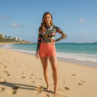 Women's Long Sleeve Lined Cropped Rash Guard, Seychelles Floral Rash Guards & Swim Shirts Berry Jane