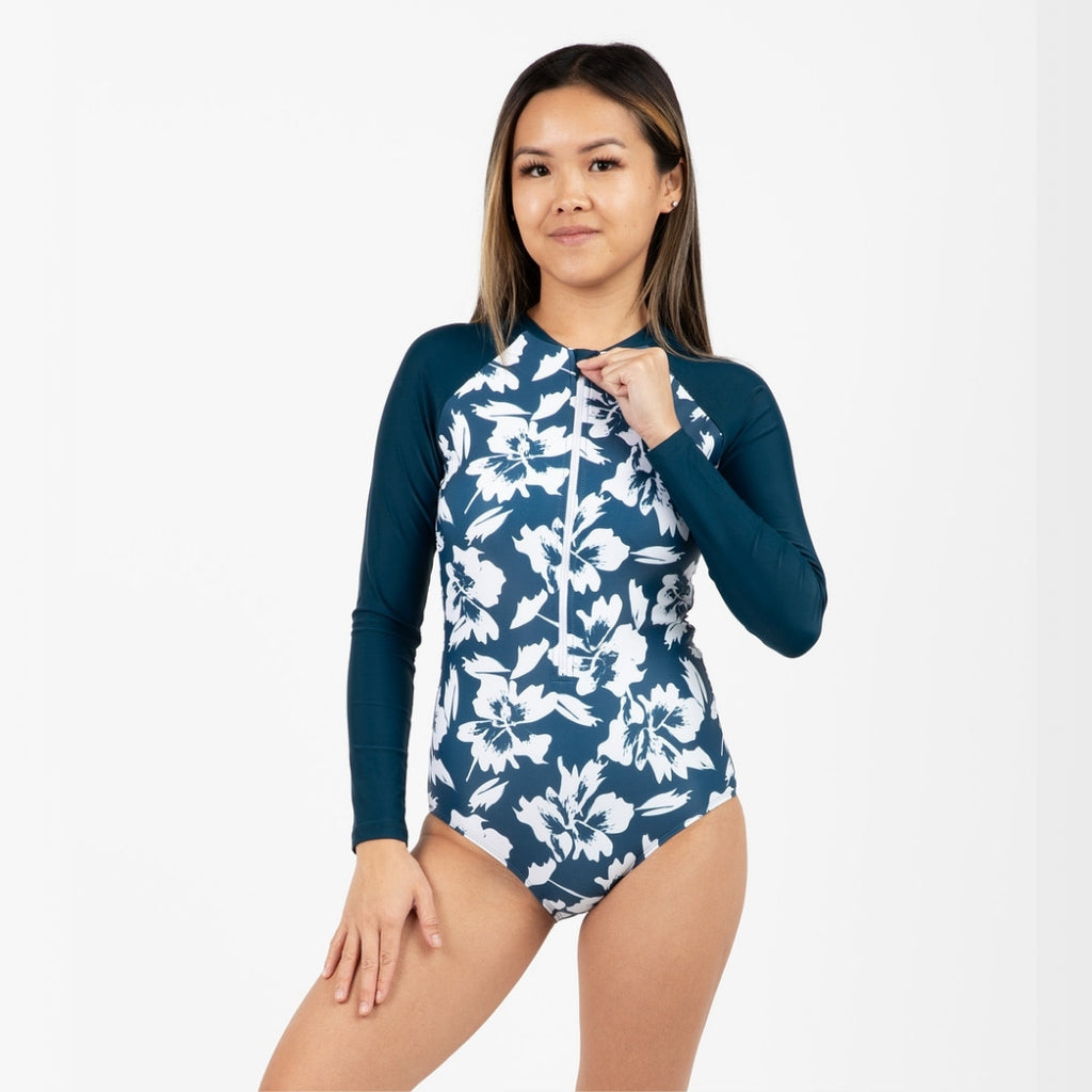 Women's One Piece Zip Front Rash Guard Swimsuit, UPF 50-Hawaiian Floral ...