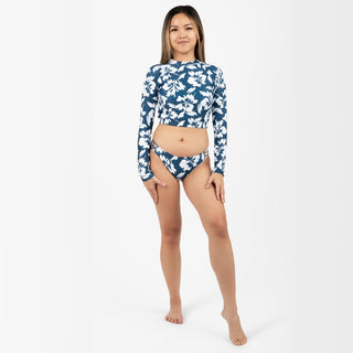 Women's Two Piece Cropped Rash Guard Bikini Swimsuit, Blue Hibiscus Swimwear Berry Jane