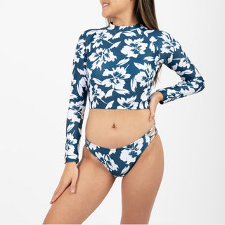 Women's Two Piece Cropped Rash Guard Bikini Swimsuit, Blue Hibiscus Swimwear Berry Jane