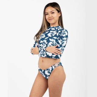 Women's Two Piece Cropped Rash Guard Bikini Swimsuit, Blue Hibiscus Swimwear Berry Jane