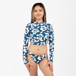 Women's Two Piece Cropped Rash Guard Bikini Swimsuit, Blue Hibiscus Swimwear Berry Jane