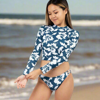 womens surf swimwear, cropped rash guard bikini, surf swimsuits, Berry Jane, Floral Hawaiian, long sleeve rash guard swimsuits