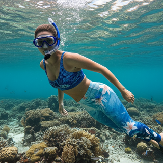 swim leggings, snorkeling underwater on a coral reef, women's UPF swim pants