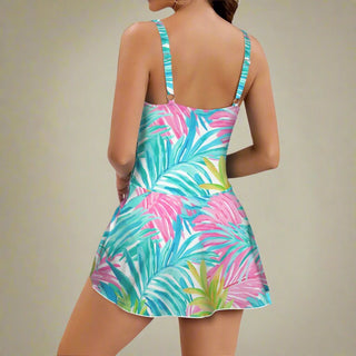 Women's One-Piece Swim Dress, Wrap Skirt - Los Cabos Tropical Floral Swimwear Berry Jane