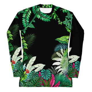 Women's UPF Rash Guard - Black with Tropical Jungle Print