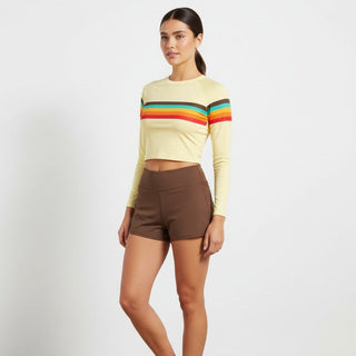 Women's 70s Stripe Cropped Rash Guard - Lined, Light Yellow Rash Guards & Swim Shirts Berry Jane