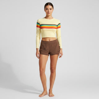 Women's 70s Stripe Cropped Rash Guard - Lined, Light Yellow Rash Guards & Swim Shirts Berry Jane