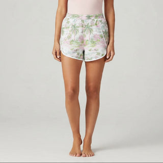 Women's 3" Lined Swim Shorts, High Waist Zipper Pocket - Tropical Island Scene Swim Shorts Berry Jane™