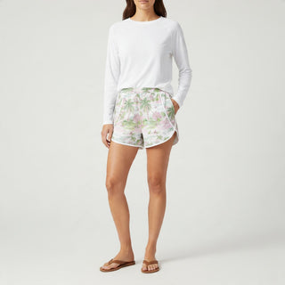 Women's 3" Lined Swim Shorts, High Waist Zipper Pocket - Tropical Island Scene Swim Shorts Berry Jane™
