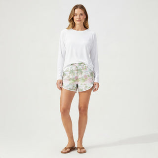 Women's 3" Lined Swim Shorts, High Waist Zipper Pocket - Tropical Island Scene Swim Shorts Berry Jane™