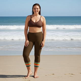 Women's 70s Vintage Stripe Capri Swim Leggings, Brown Swim leggings Berry Jane™