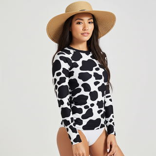 Women's Cow Print Rash Guard, Sun Protection Swim Shirt, Black White Rash Guards & Swim Shirts Berry Jane™