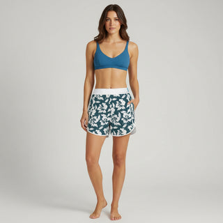 Women's Blue Hibiscus Floral Beach Board Shorts, Zipper Pockets