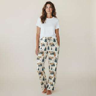 Women's Cozy Cabin Bears Fall Winter Pajama Pants, Couples Matching PJs