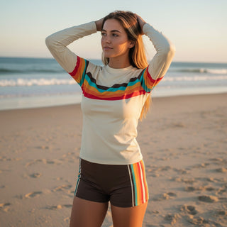 Women's UPF Rash Guard Built-In Bralette - 70s Vintage Yellow Stripe Rash Guards & Swim Shirts Berry Jane™