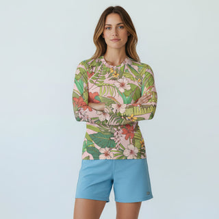Women's Long Sleeve Rash Guard UPF 50 Sun Shirt, Surf Paddleboard - Vintage Tropical Floral