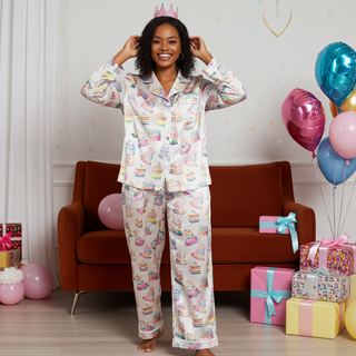 Women's Birthday Pajama Set, Pastel Rainbow Stripe Birthday Cakes, Silky PJs Women's Pajama Sets Berry Jane™