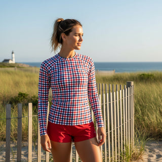 Women's Red, White & Blue Check Rash Guard,  UPF 50 Sun Shirt Rash Guards & Swim Shirts Berry Jane™