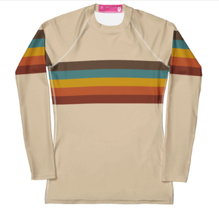 Women's retro surf style rashguard- 70s Baja Sunset Stripe Rash Guard