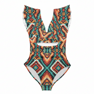 Women's Boho Southwestern Twist Front Ruffle Sleeve One-Piece Swimsuit Swimwear Berry Jane