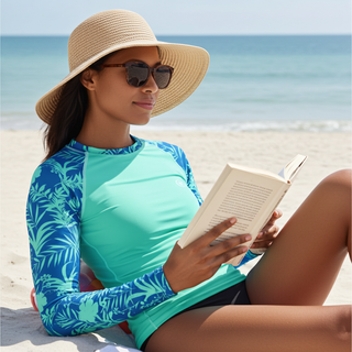 Women's UPF 50+ Rash Guard, Swim Shirt - Turquoise Blue Palms Rash Guards & Swim Shirts Berry Jane™