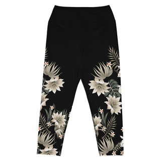 Women's UPF 50 swim leggings, capri length, black Hawaiian lily floral print