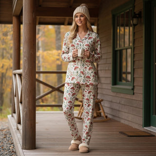Women's Fall Pajama Set, Scandinavian Style Red Mushrooms